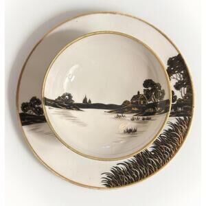 Antique Nippon Black Gold Landscape Compote Bowl w/ Attached Underplate